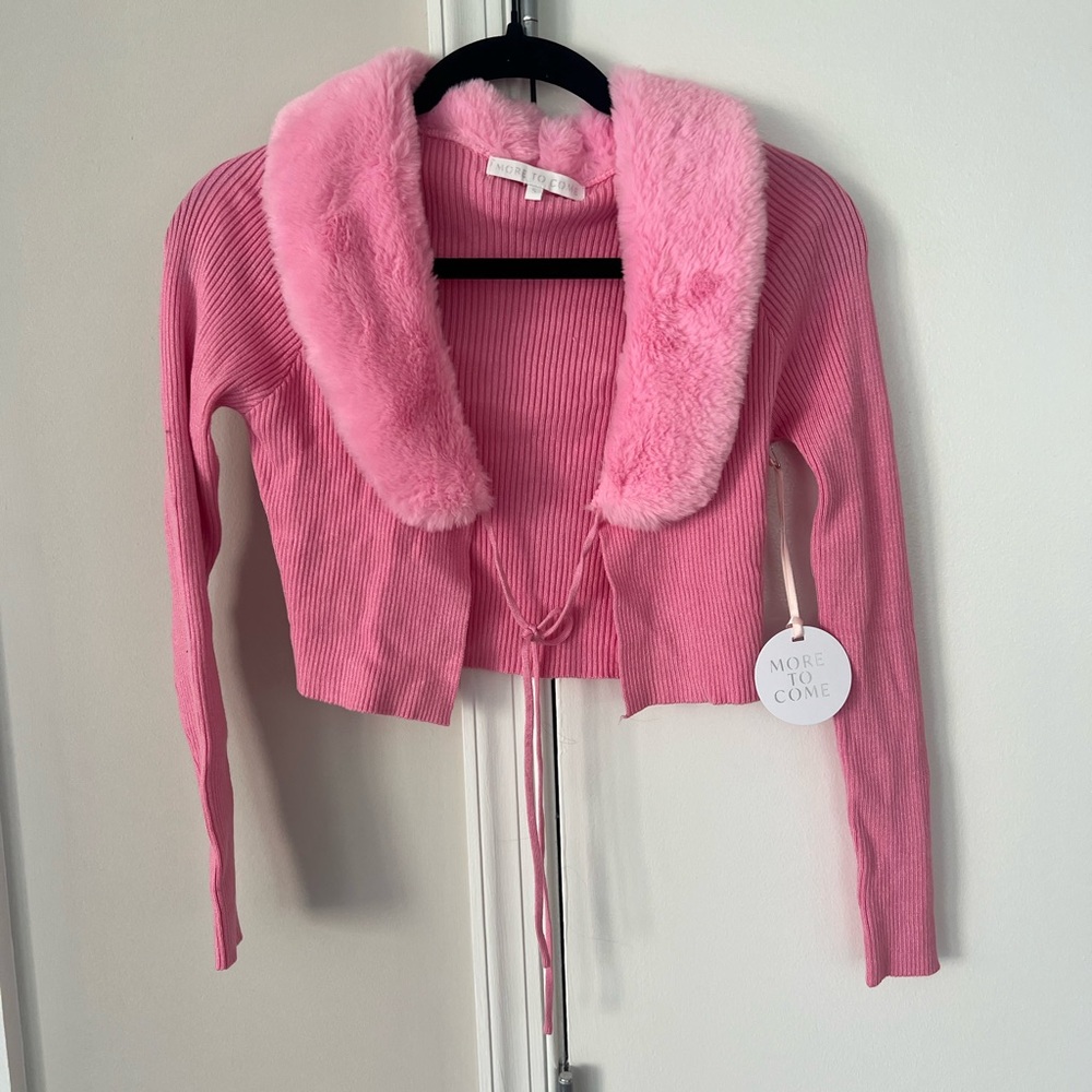 Pink Faux Fur Collar Cardigan
